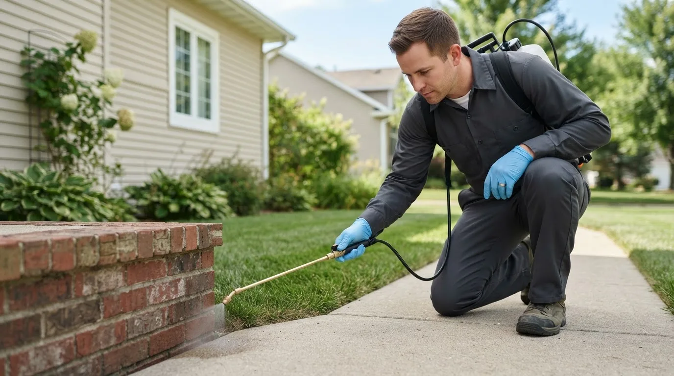 Pest control technician treating a home near Emigsville, PA